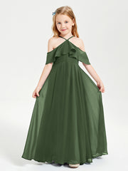 Off the Shoulder Long Junior Bridesmaid Dresses Olive Green