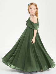 Off the Shoulder Long Junior Bridesmaid Dresses Olive Green