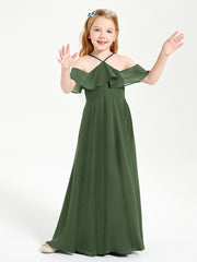 Off the Shoulder Long Junior Bridesmaid Dresses Olive Green
