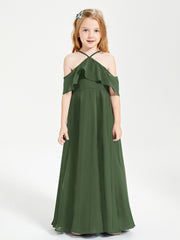 Off the Shoulder Long Junior Bridesmaid Dresses Olive Green
