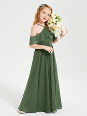 Off the Shoulder Long Junior Bridesmaid Dresses Olive Green