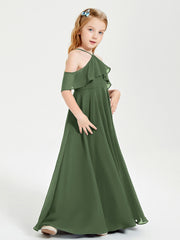 Off the Shoulder Long Junior Bridesmaid Dresses Olive Green