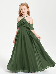 Off the Shoulder Long Junior Bridesmaid Dresses Olive Green