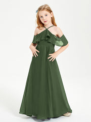 Off the Shoulder Long Junior Bridesmaid Dresses Olive Green