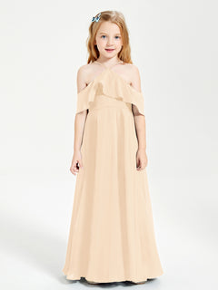 Off the Shoulder Long Junior Bridesmaid Dresses Peach