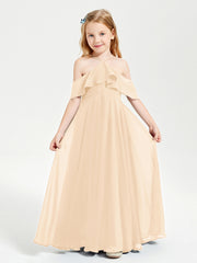 Off the Shoulder Long Junior Bridesmaid Dresses Peach