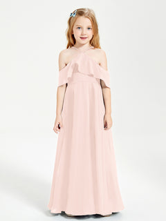 Off the Shoulder Long Junior Bridesmaid Dresses Pearl Pink