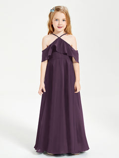 Off the Shoulder Long Junior Bridesmaid Dresses Plum