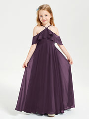 Off the Shoulder Long Junior Bridesmaid Dresses Plum
