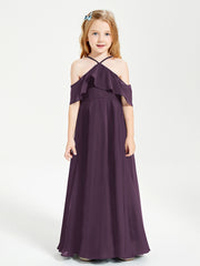 Off the Shoulder Long Junior Bridesmaid Dresses Plum