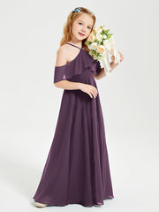 Off the Shoulder Long Junior Bridesmaid Dresses Plum