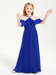 BABARONI Chiffon Royal Blue Junior Bridesmaid Dresses A-line Off-the-shoulder Flutter Sleeve Ruffles Floor-length BABARONI Chiffon Royal Blue Junior Bridesmaid Dresses A-line Off-the-shoulder Flutter Sleeve Ruffles Floor-length