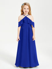 BABARONI Chiffon Royal Blue Junior Bridesmaid Dresses A-line Off-the-shoulder Flutter Sleeve Ruched Floor-length, Royal Blue / J4