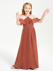 BABARONI Chiffon Rust Junior Bridesmaid Dresses A-line Off-the-shoulder Flutter Sleeve Ruffles Floor-length BABARONI Chiffon Rust Junior Bridesmaid Dresses A-line Off-the-shoulder Flutter Sleeve Ruffles Floor-length