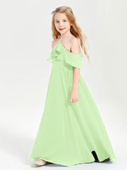 Off the Shoulder Long Junior Bridesmaid Dresses Sage