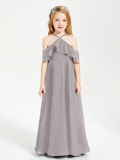 Off the Shoulder Long Junior Bridesmaid Dresses Silver