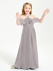 Off the Shoulder Long Junior Bridesmaid Dresses Silver