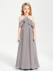 Off the Shoulder Long Junior Bridesmaid Dresses Silver
