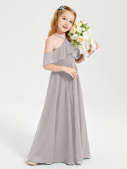 Off the Shoulder Long Junior Bridesmaid Dresses Silver