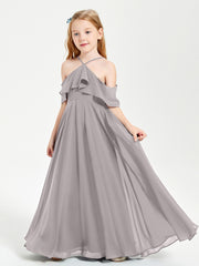 Off the Shoulder Long Junior Bridesmaid Dresses Silver