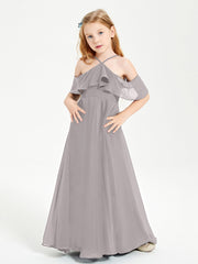 Off the Shoulder Long Junior Bridesmaid Dresses Silver