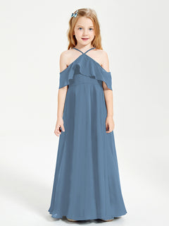 Off the Shoulder Long Junior Bridesmaid Dresses Slate Blue