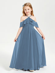 Off the Shoulder Long Junior Bridesmaid Dresses Slate Blue