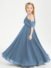 Off the Shoulder Long Junior Bridesmaid Dresses Slate Blue