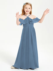 Off the Shoulder Long Junior Bridesmaid Dresses Slate Blue