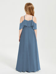 Off the Shoulder Long Junior Bridesmaid Dresses Slate Blue