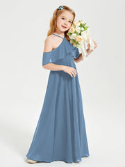 Off the Shoulder Long Junior Bridesmaid Dresses Slate Blue