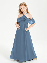 Off the Shoulder Long Junior Bridesmaid Dresses Slate Blue