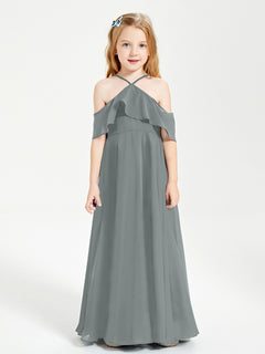 Off the Shoulder Long Junior Bridesmaid Dresses Steel Grey