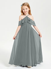 Off the Shoulder Long Junior Bridesmaid Dresses Steel Grey