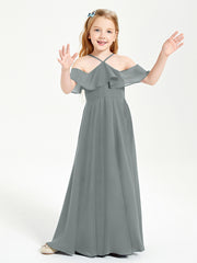 Off the Shoulder Long Junior Bridesmaid Dresses Steel Grey