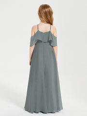 Off the Shoulder Long Junior Bridesmaid Dresses Steel Grey