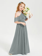 Off the Shoulder Long Junior Bridesmaid Dresses Steel Grey