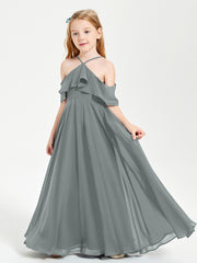 Off the Shoulder Long Junior Bridesmaid Dresses Steel Grey