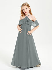 Off the Shoulder Long Junior Bridesmaid Dresses Steel Grey