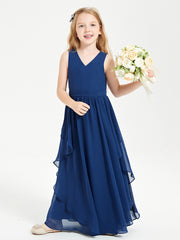 Boho Sleeveless Chiffon Junior Bridesmaid Dresses V-neck Dark Navy