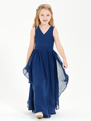 Boho Sleeveless Chiffon Junior Bridesmaid Dresses V-neck Dark Navy