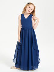 Boho Sleeveless Chiffon Junior Bridesmaid Dresses V-neck Dark Navy