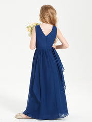 Boho Sleeveless Chiffon Junior Bridesmaid Dresses V-neck Dark Navy