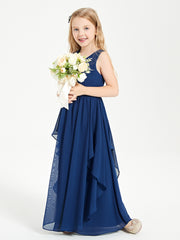 Boho Sleeveless Chiffon Junior Bridesmaid Dresses V-neck Dark Navy