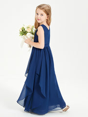 Boho Sleeveless Chiffon Junior Bridesmaid Dresses V-neck Dark Navy