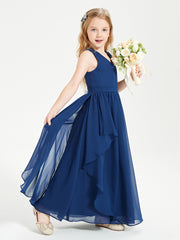 Boho Sleeveless Chiffon Junior Bridesmaid Dresses V-neck Dark Navy