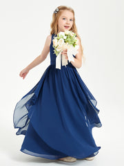 Boho Sleeveless Chiffon Junior Bridesmaid Dresses V-neck Dark Navy