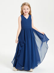 Boho Sleeveless Chiffon Junior Bridesmaid Dresses V-neck Dark Navy