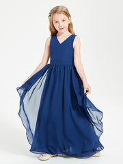 Boho Sleeveless Chiffon Junior Bridesmaid Dresses V-neck Dark Navy