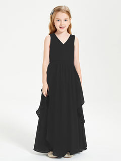 Boho Sleeveless Chiffon Junior Bridesmaid Dresses V-neck Black